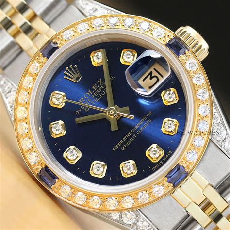 rolex damen-armbanduhr aus edelstahl mit blauem diamanten und saphir|Rolex armbandduhren damen.